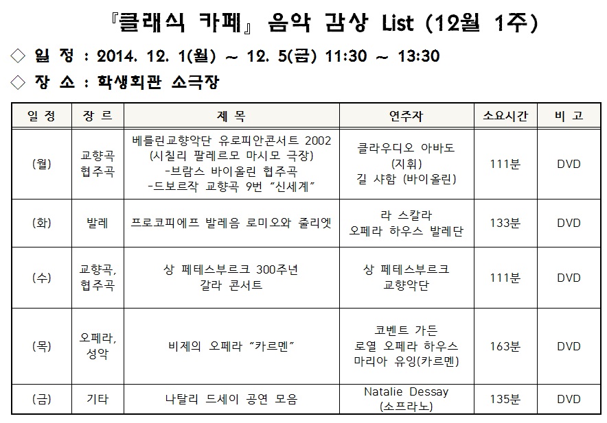 『클래식 카페』 음악 감상 List (12월 1주차)